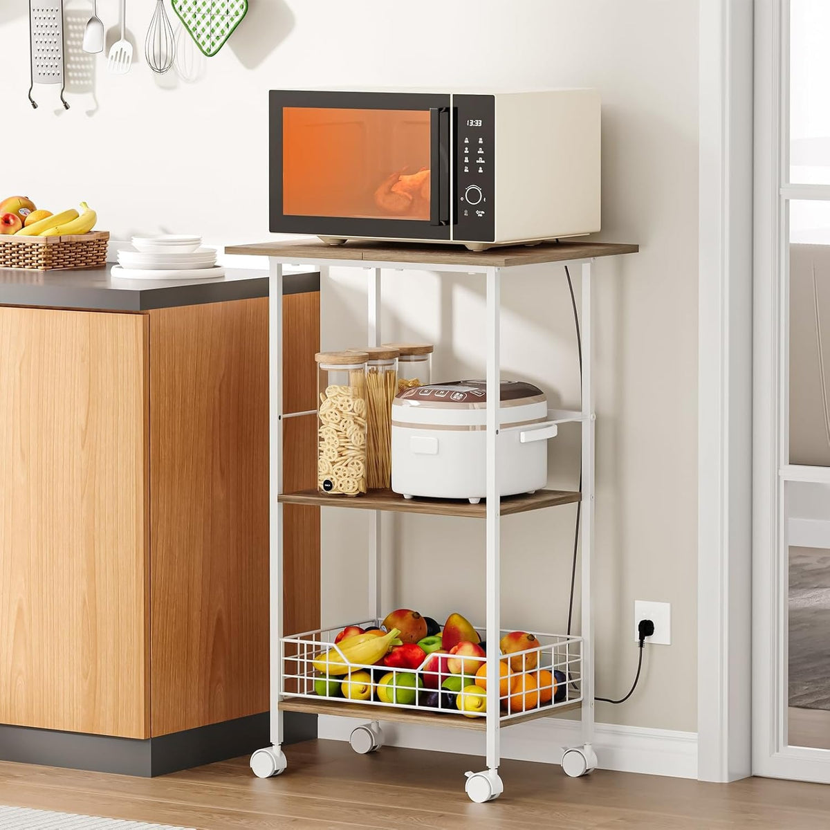 3-Tier Rolling Microwave Cart with Wood & Metal Basket – White
