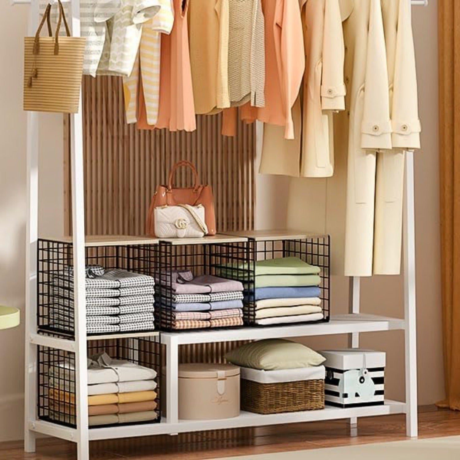 3PCS Stackable Closet Organizers with Wood Top – Black Metal