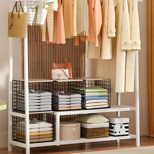 3PCS Stackable Closet Organizers with Wood Top – Black Metal