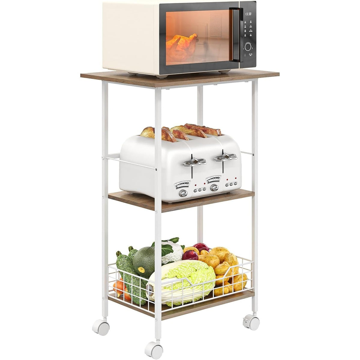 3-Tier Rolling Microwave Cart with Wood & Metal Basket – White