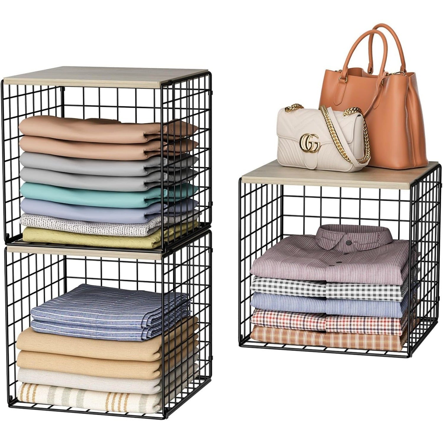 3PCS Stackable Closet Organizers with Wood Top – Black Metal
