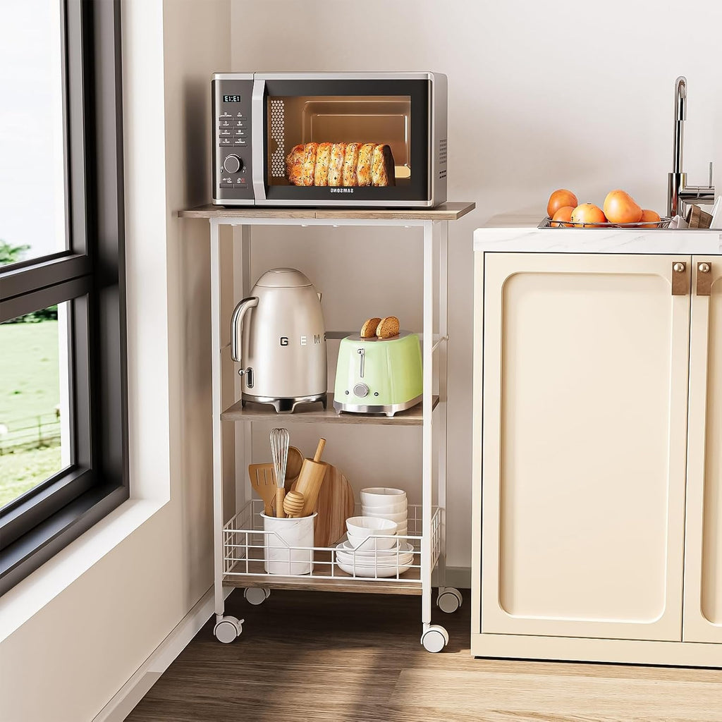 3-Tier Rolling Microwave Cart with Wood & Metal Basket – White
