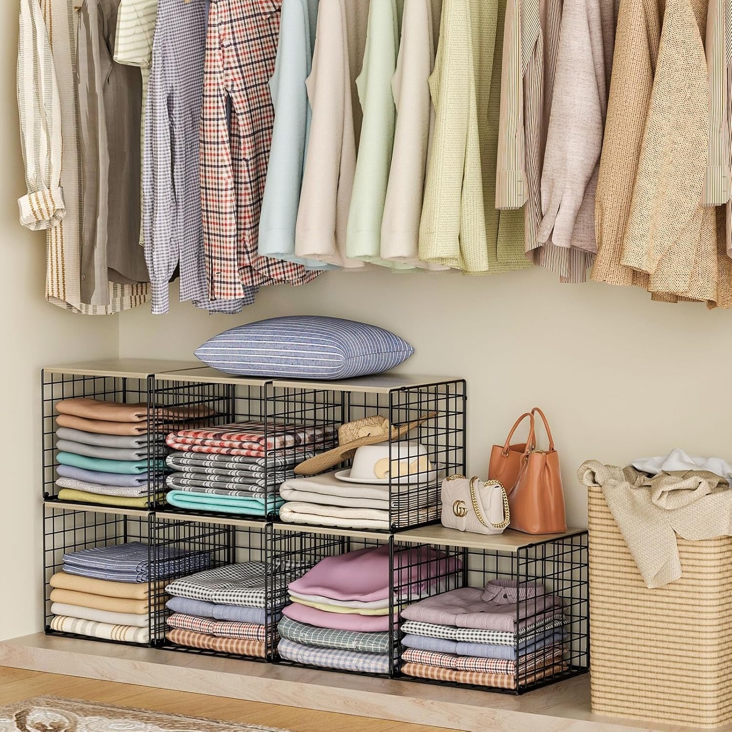 3PCS Stackable Closet Organizers with Wood Top – Black Metal