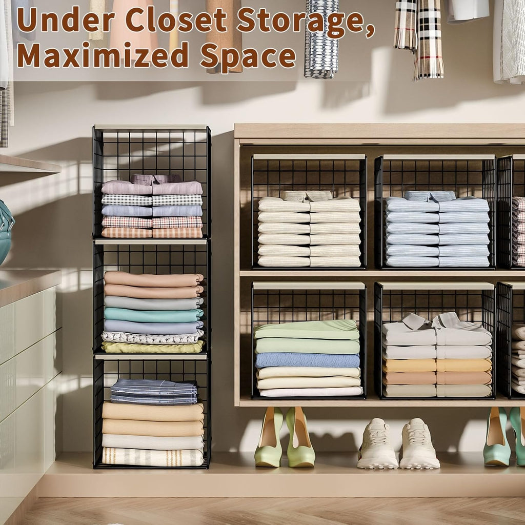 3PCS Stackable Closet Organizers with Wood Top – Black Metal