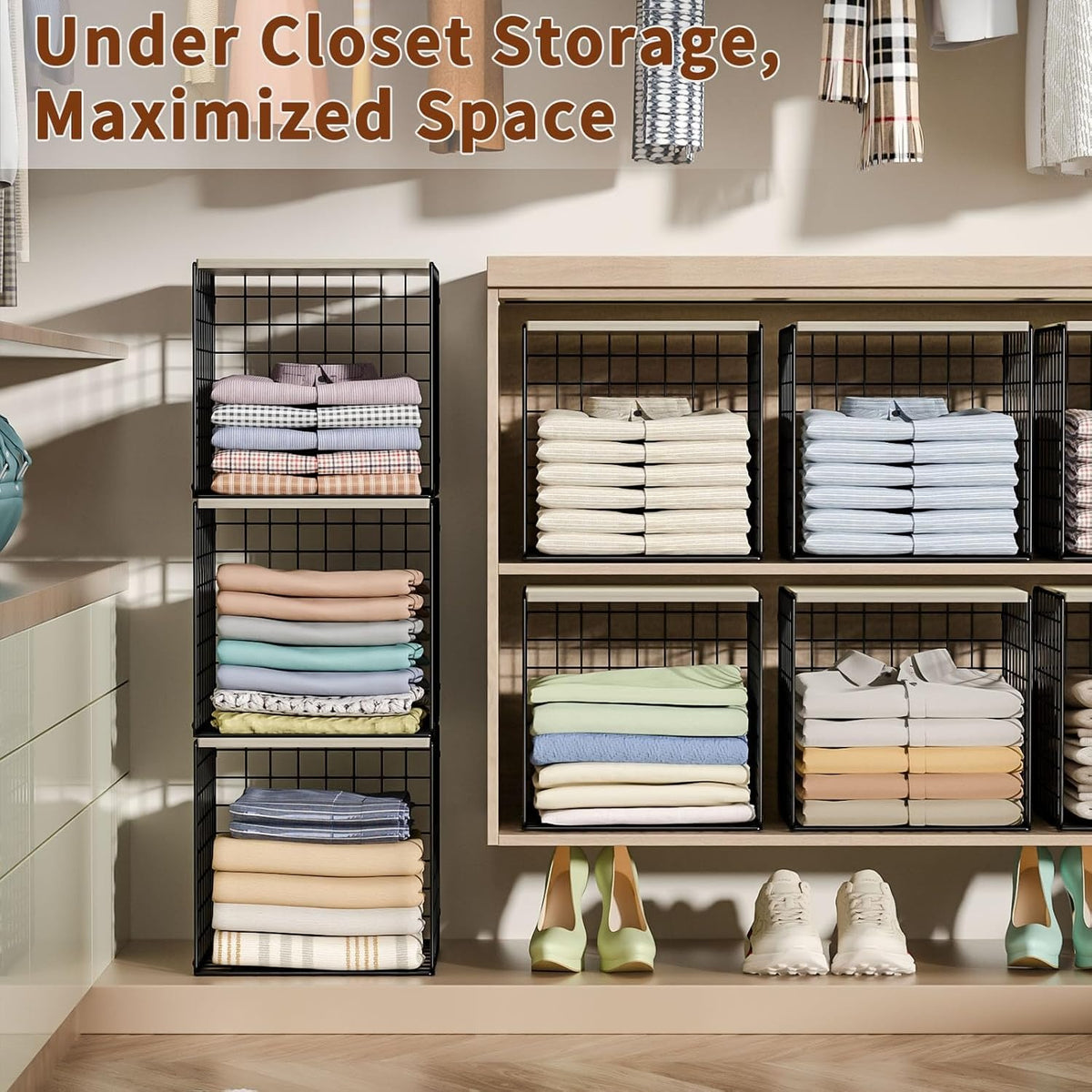 3PCS Stackable Closet Organizers with Wood Top – Black Metal