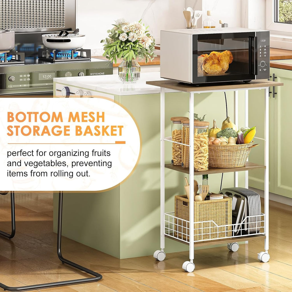 3-Tier Rolling Microwave Cart with Wood & Metal Basket – White