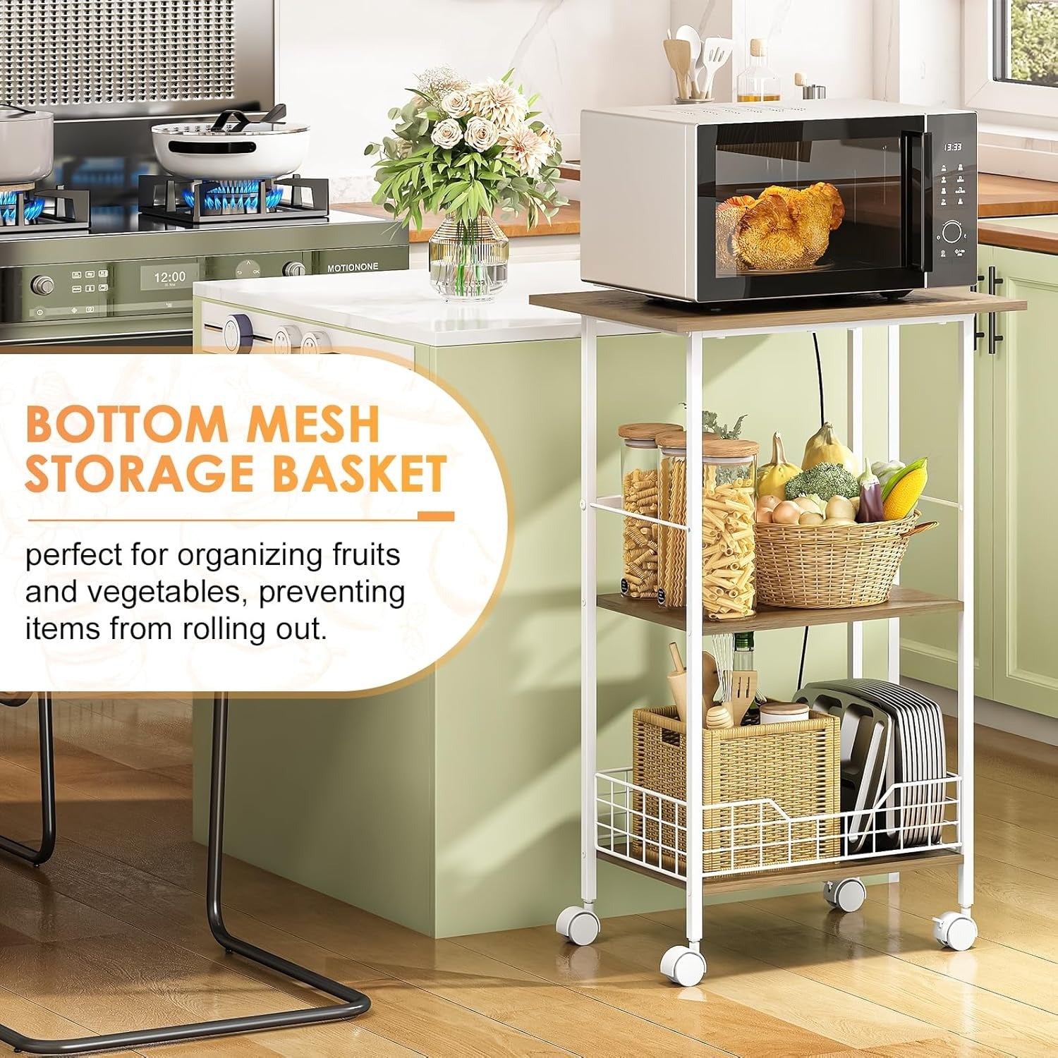 3-Tier Rolling Microwave Cart with Wood & Metal Basket – White