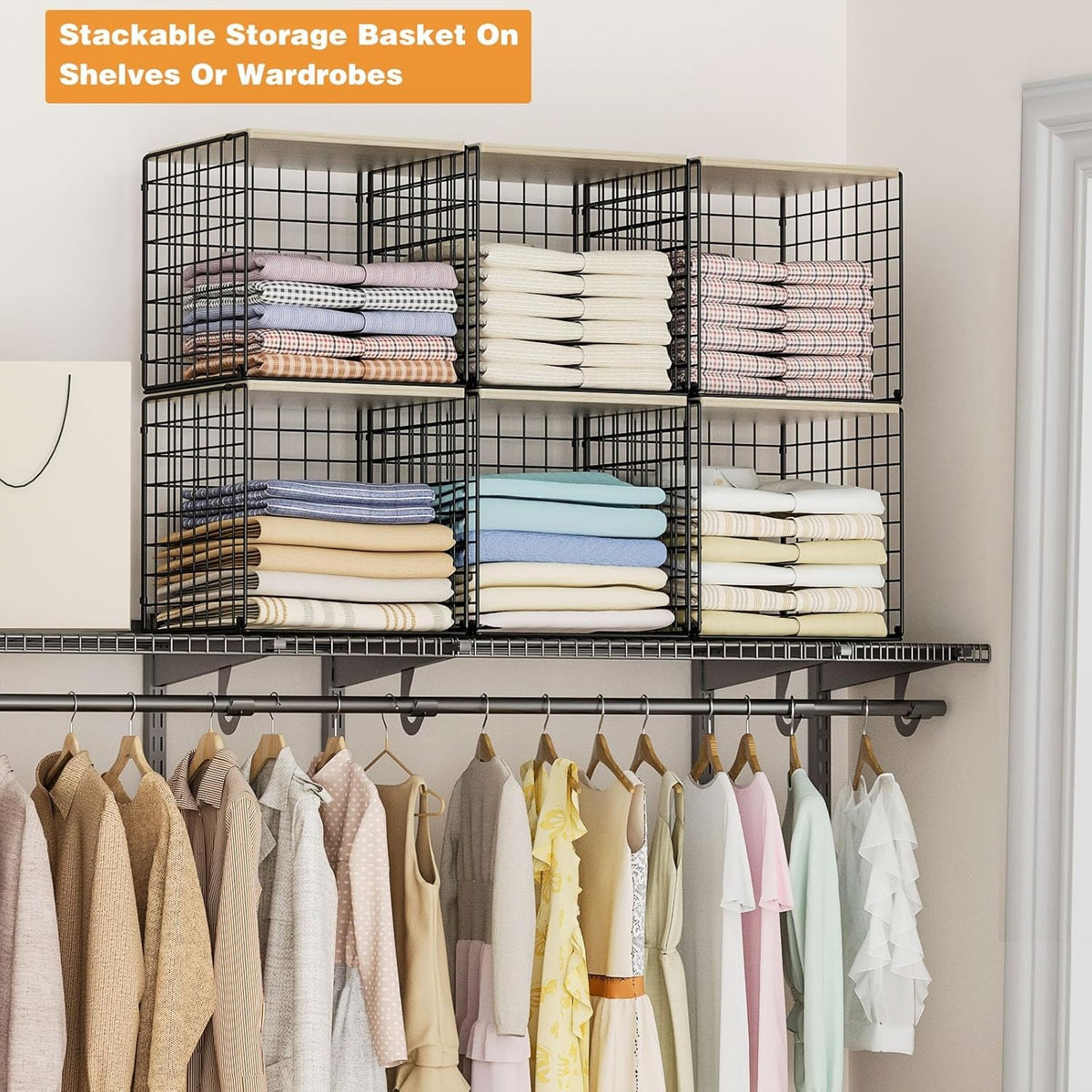 3PCS Stackable Closet Organizers with Wood Top – Black Metal