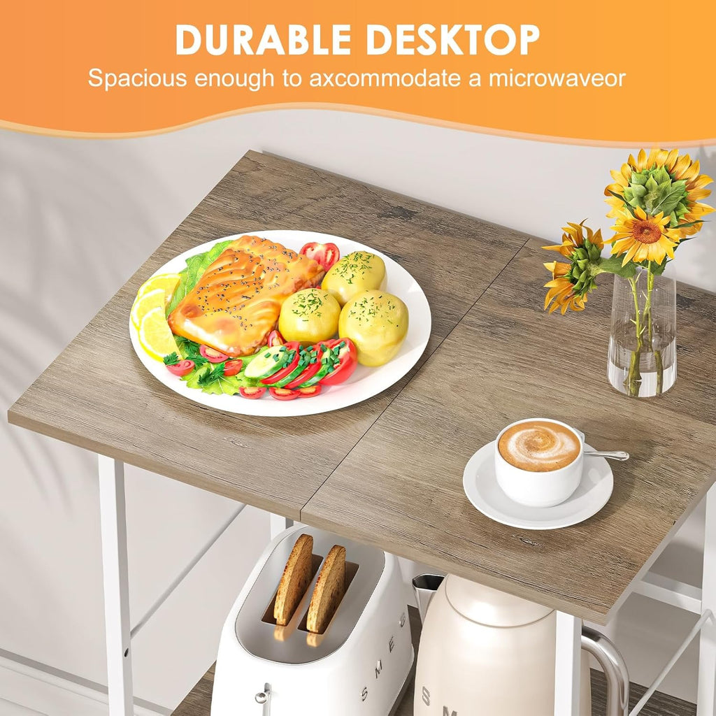 3-Tier Rolling Microwave Cart with Wood & Metal Basket – White