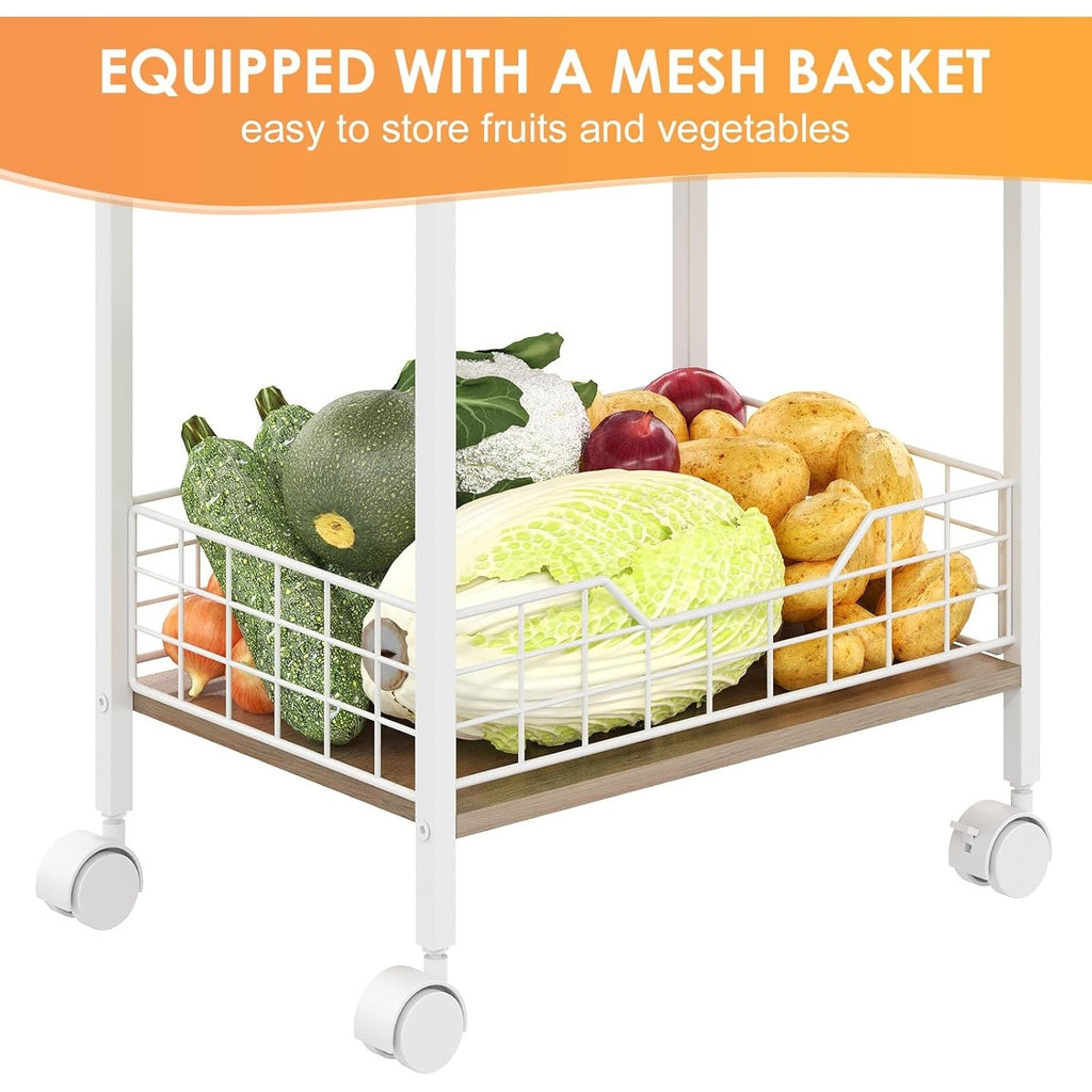 3-Tier Rolling Microwave Cart with Wood & Metal Basket – White