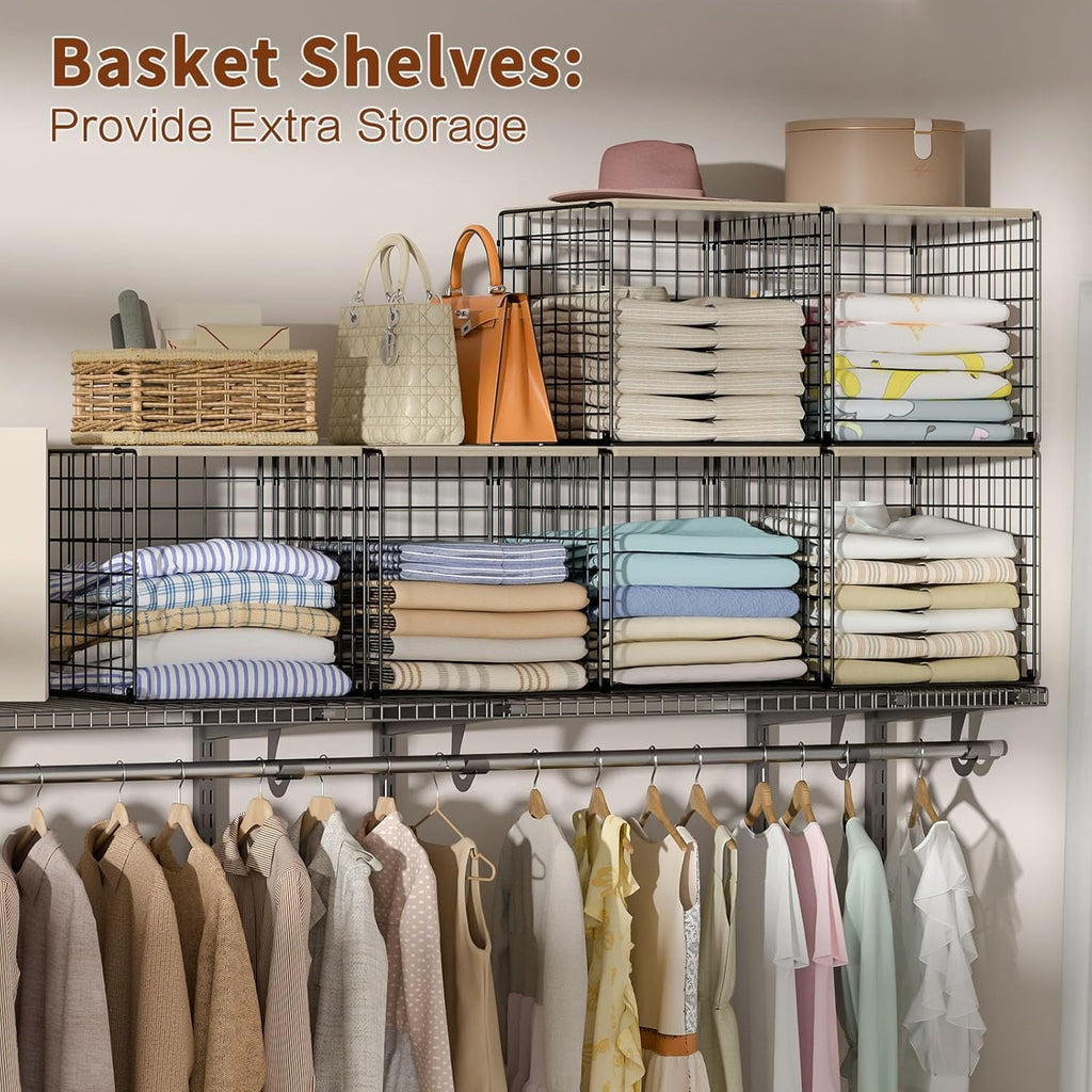 3PCS Stackable Closet Organizers with Wood Top – Black Metal