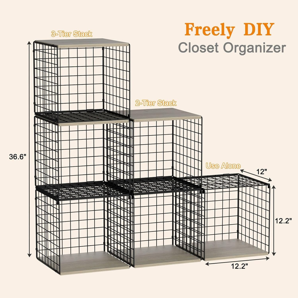 3PCS Stackable Closet Organizers with Wood Top – Black Metal