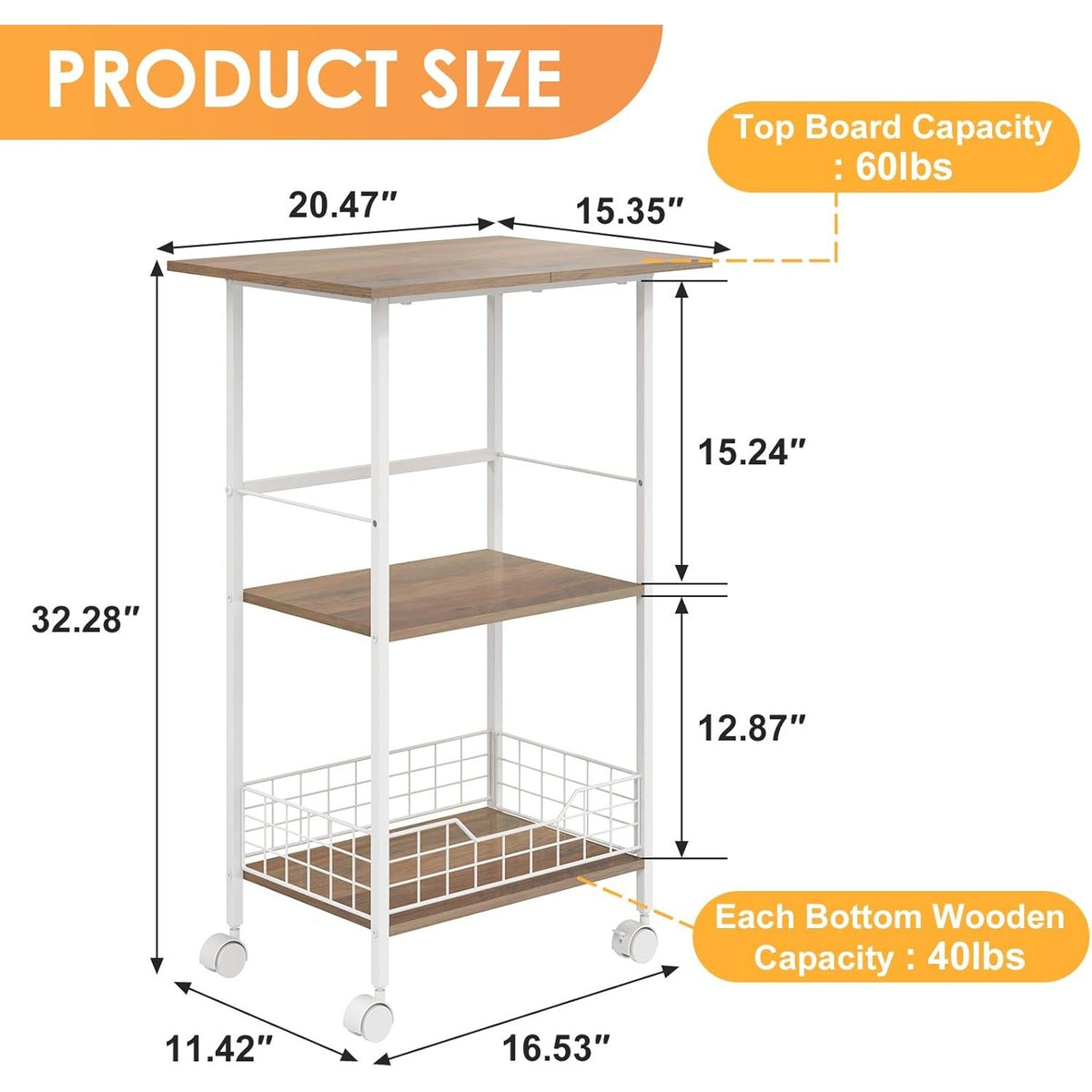 3-Tier Rolling Microwave Cart with Wood & Metal Basket – White