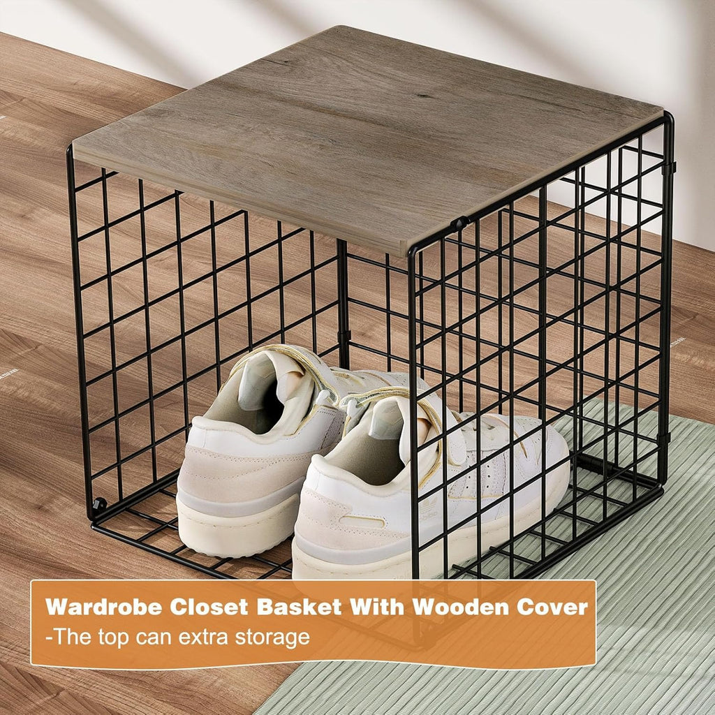 3PCS Stackable Closet Organizers with Wood Top – Black Metal