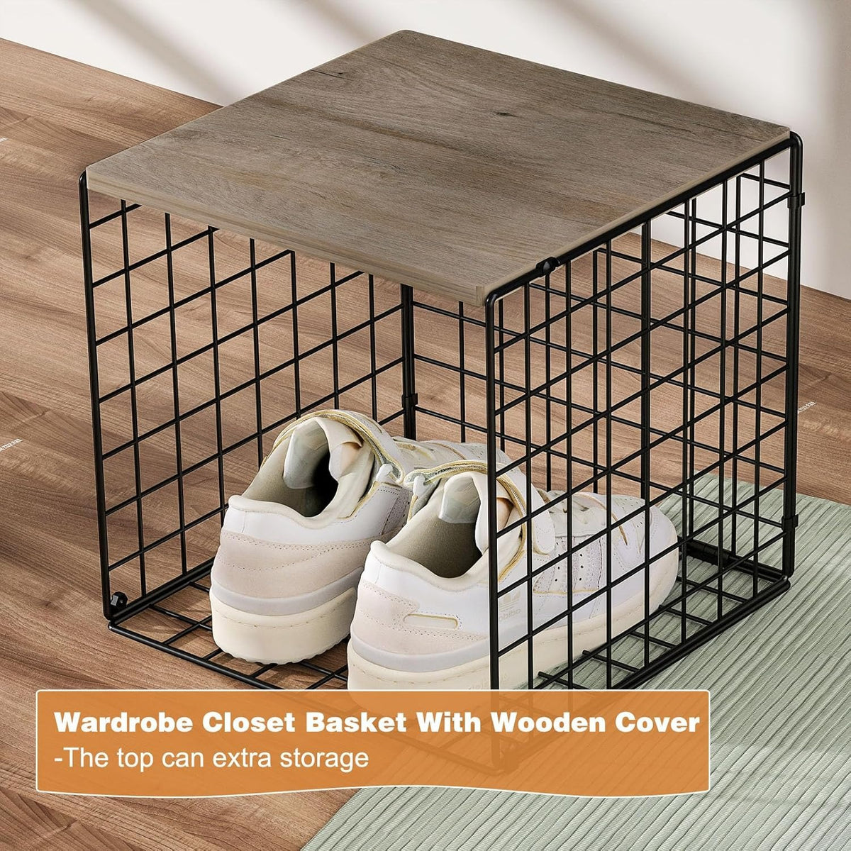3PCS Stackable Closet Organizers with Wood Top – Black Metal